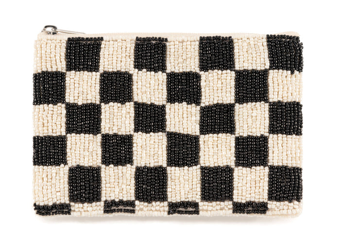 BEADED ZIP POUCH-B+W Checker