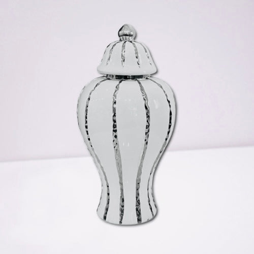 Ginger Jar MEDIUM with Lid in Silver and White Ceramic for Living Room or Kitchen Decoration