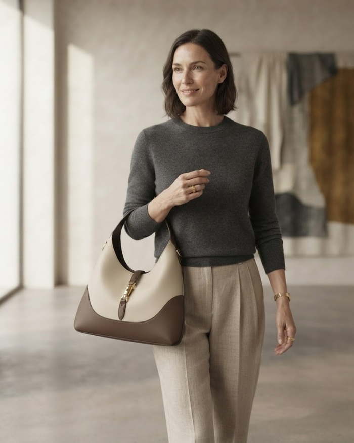 Two-tone women’s hobo handbag with top handles and gold hardware, worn over shoulder