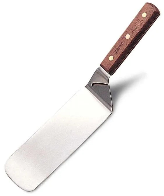 A stainless steel round turner spatula with a wooden handle and a 3" x 8" blade.