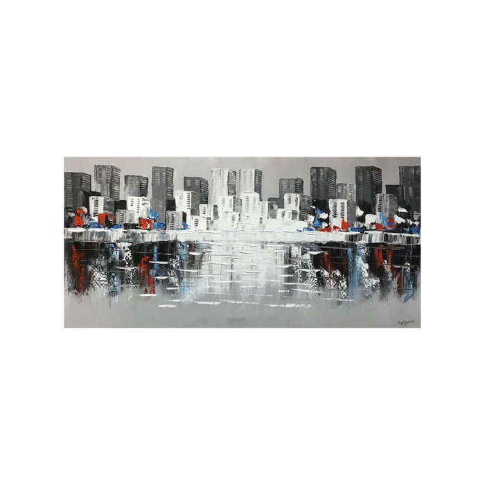 Abstract Handmade Oil Painting of Buildings on Stretched Canvas