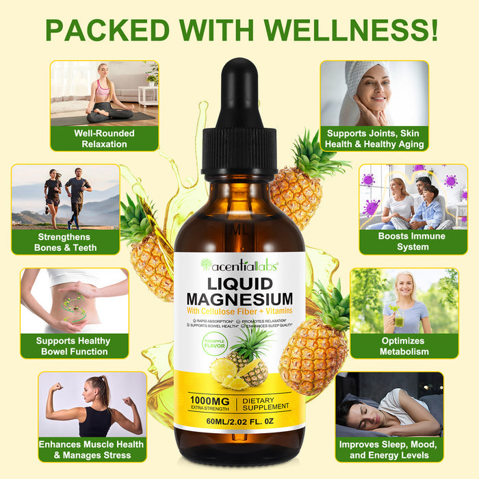 acentiallabs LIQUID MAGNESIUM With Cellulose Fiber + Vitamins 60ML PINEAPPLE FLAVOR Liquid Drops