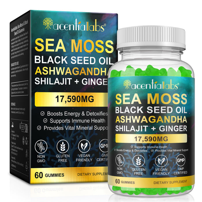 acentiallabs SEA MOSS BLACK SEED OIL ASHWAGANDHA SHILAJIT+ GINGER,17590MG,60 GUMMIES Bottled Gummies