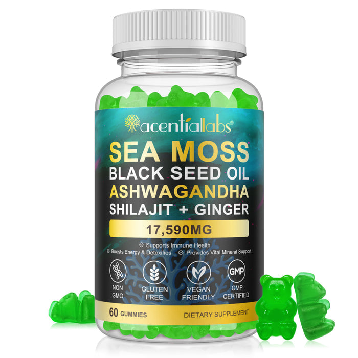 acentiallabs SEA MOSS BLACK SEED OIL ASHWAGANDHA SHILAJIT+ GINGER,17590MG,60 GUMMIES Bottled Gummies