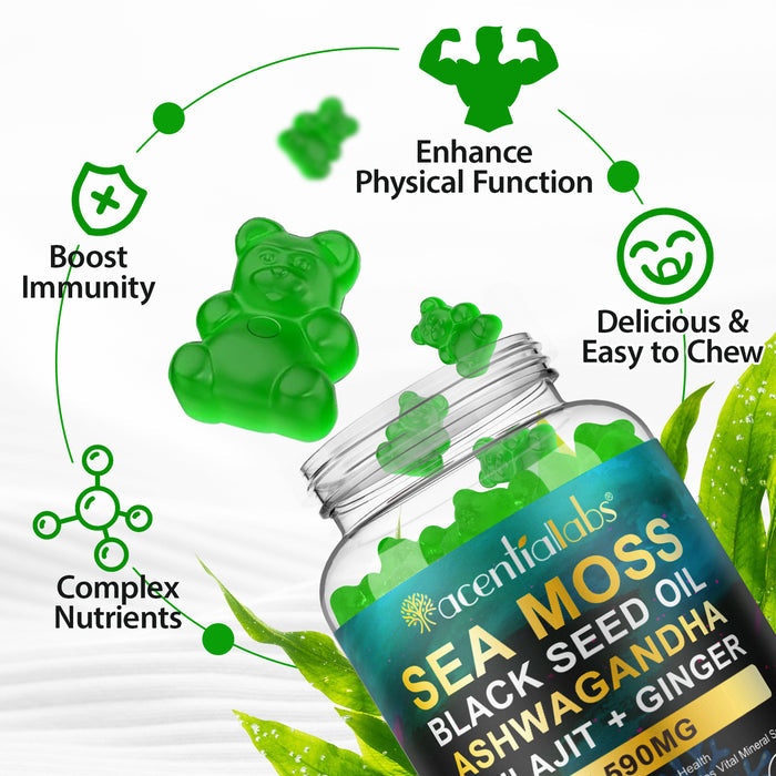 acentiallabs SEA MOSS BLACK SEED OIL ASHWAGANDHA SHILAJIT+ GINGER,17590MG,60 GUMMIES Bottled Gummies