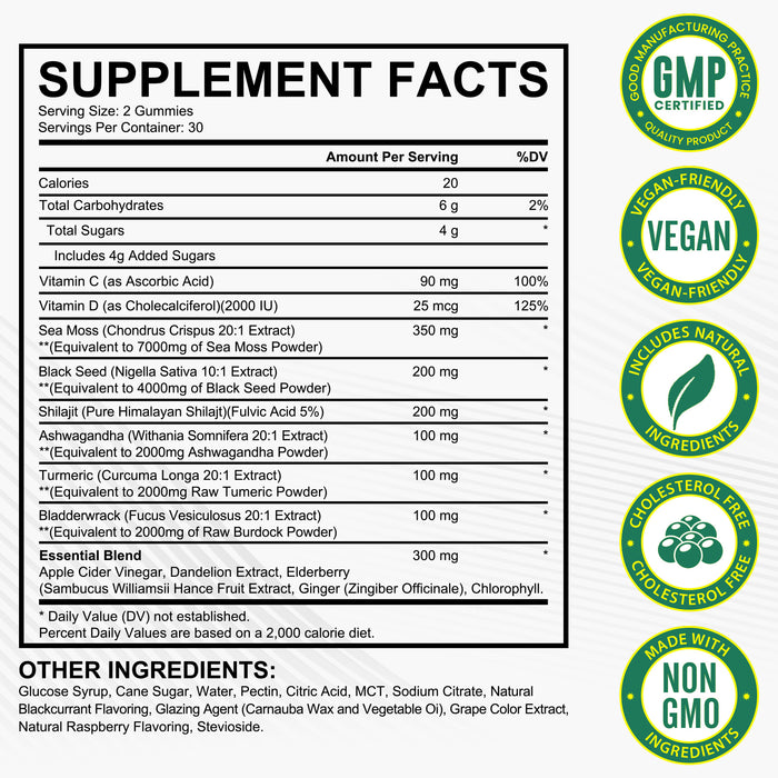 acentiallabs SEA MOSS BLACK SEED OIL ASHWAGANDHA SHILAJIT+ GINGER,17590MG,60 GUMMIES Bottled Gummies