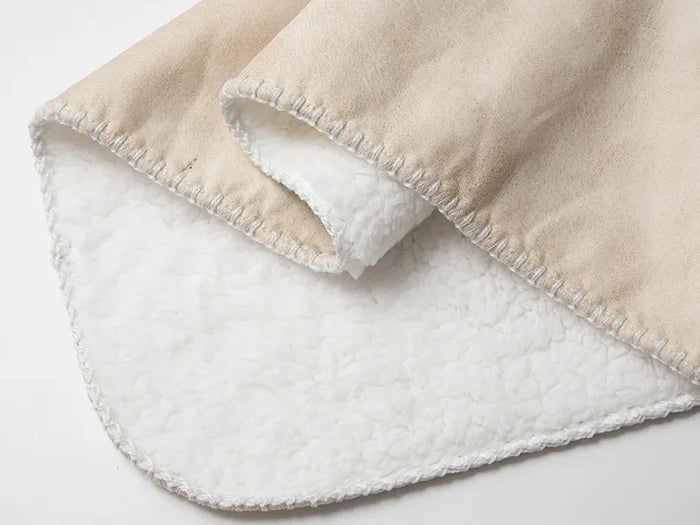 Arctic Fleece Lined Sublimation Leathaire Blanket(White/Beige, 145*203cm/60inchx 80inch)