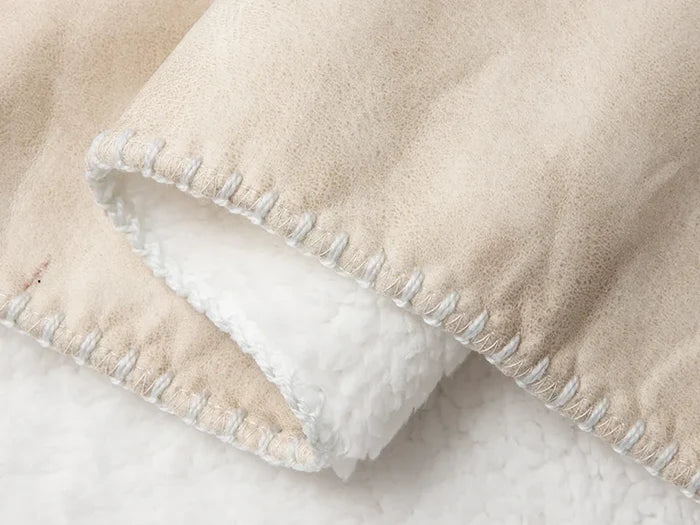 Arctic Fleece Lined Sublimation Leathaire Blanket(White/Beige, 145*203cm/60inchx 80inch)
