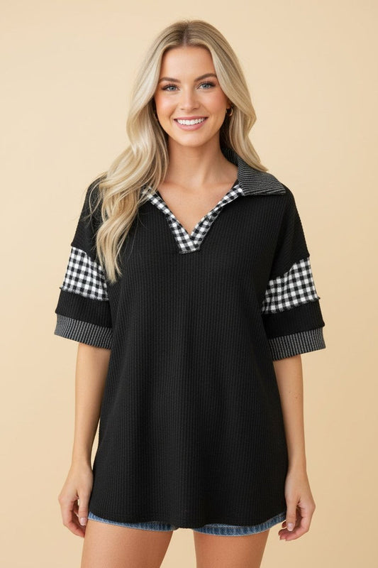 Beauty in the Details Black Gingham Contrast Collared Top