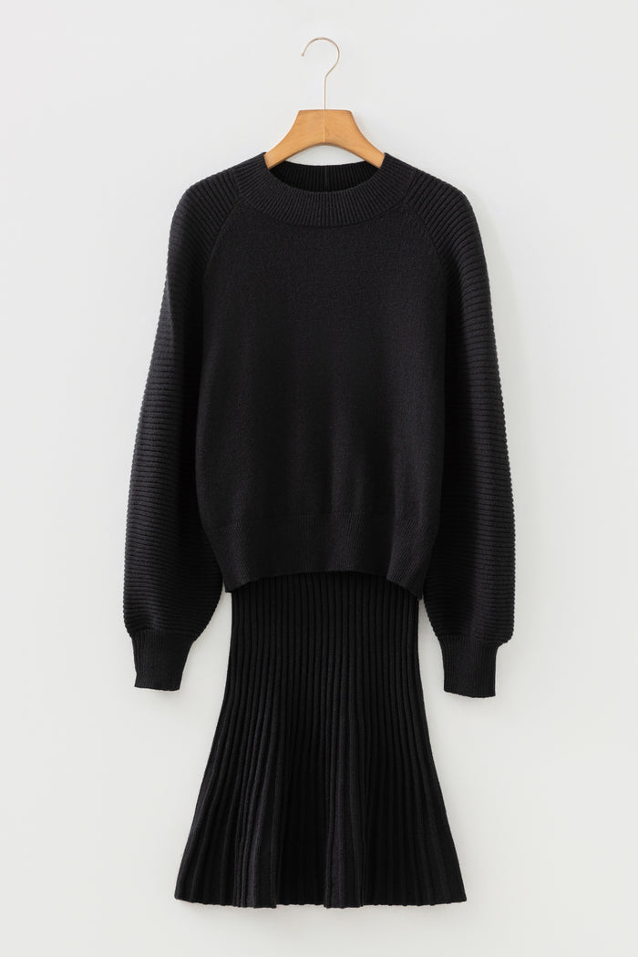 Black High Neck Puff Sleeve Sweater Pleated Mini Skirt 2pcs Knitted Outfit