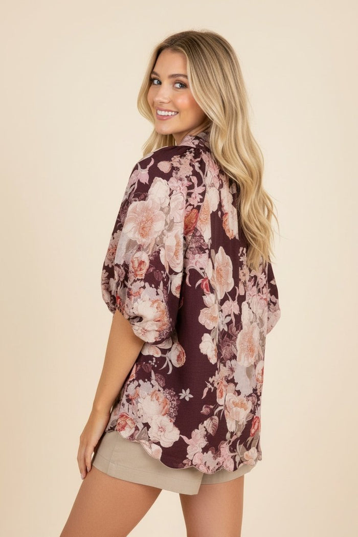 Blooming Bliss Burgundy Floral V Neck Gathered Sleeve Top