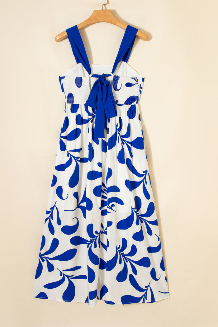Blue Floral Print Crisscross Tie Back Sleeveless Long Dress