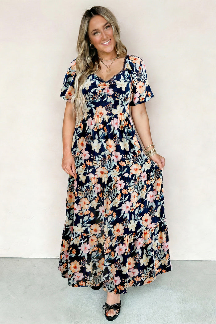 Blue Short Sleeve Smocked Detail High Waist Floral Maxi Dress