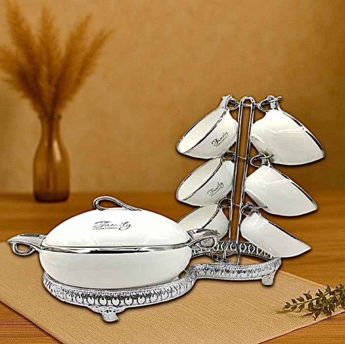 Ceramic Soup Bowl Set with 6 Mugs, Soup Pot, and Elegant Metal Stand – White and Silver – Luxury Family-Inspired Design for Dinner Parties and Gifts