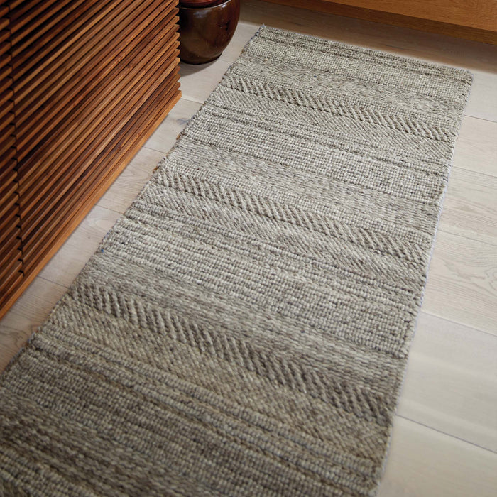 Chunky Knit Grey Wool Runner with a knitted pattern design, styled by the stairs.