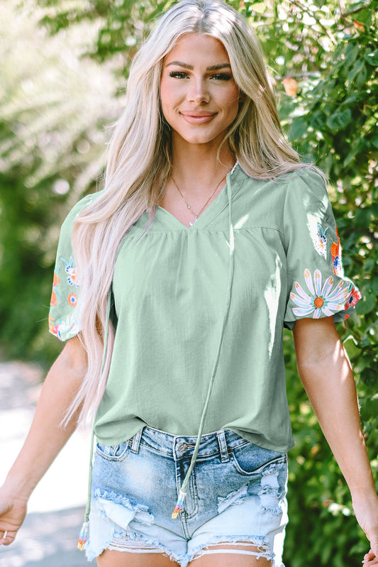 Clearly Aqua Floral Embroidered Puff Sleeve Split Neck Blouse