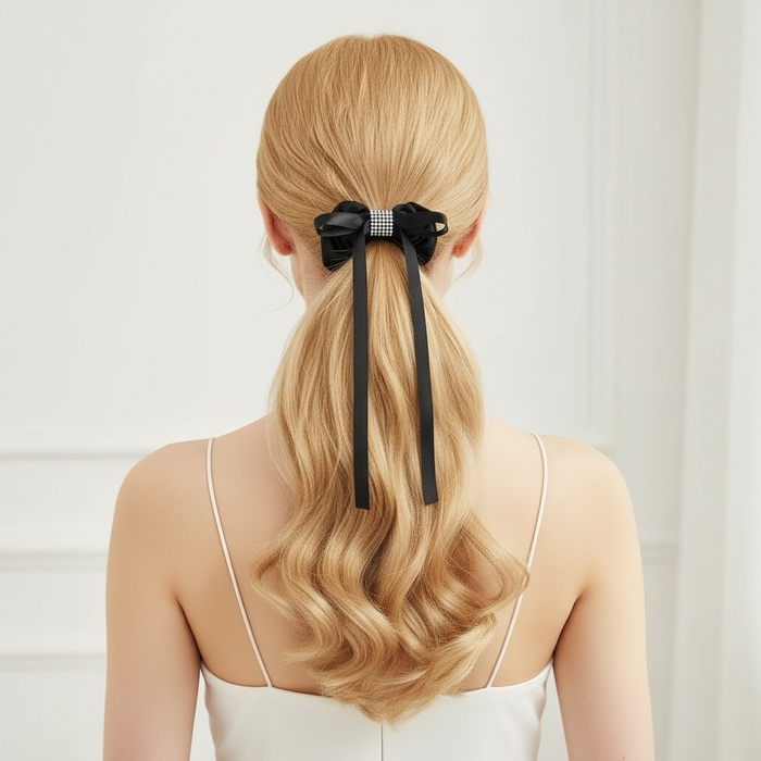 Elegant Black Bow Scrunchie with Rhinestone Detail (QS2030K)