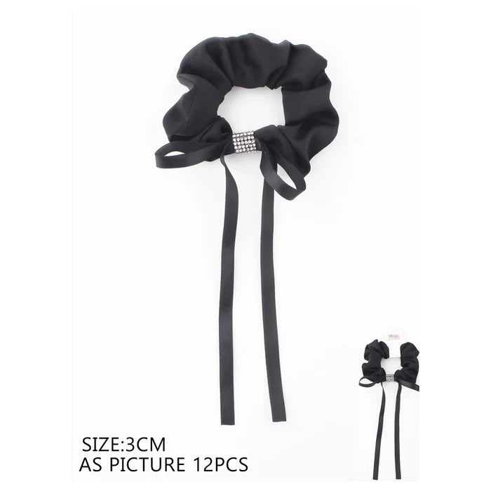 Elegant Black Bow Scrunchie with Rhinestone Detail (QS2030K)
