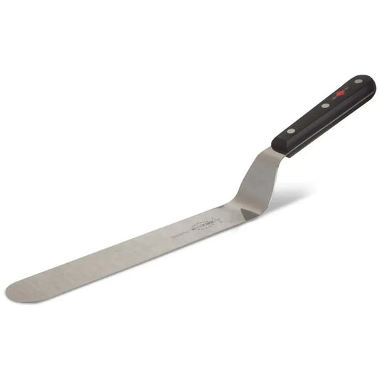 A stainless steel flexible offset spatula with a black polypropylene handle.