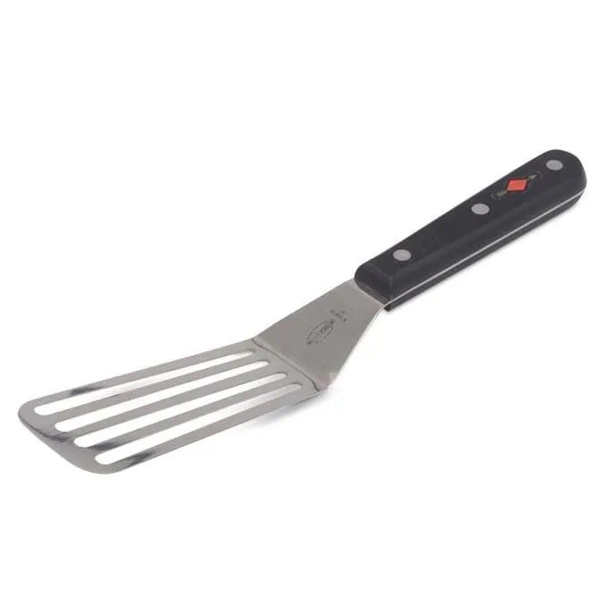 A small slotted stainless steel turner with a plastic handle, approximately 10.5 inches in length with a 5 inch blade.
