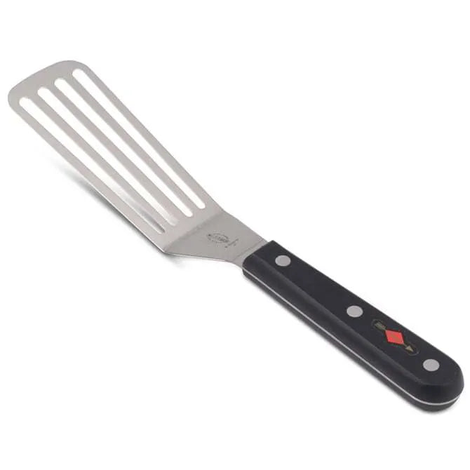 A small slotted stainless steel turner with a plastic handle, approximately 10.5 inches in length with a 5 inch blade.