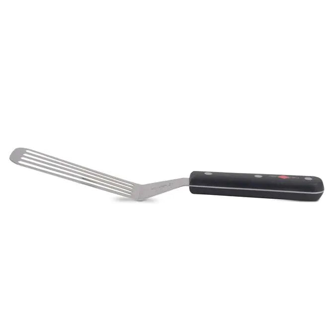 A small slotted stainless steel turner with a plastic handle, approximately 10.5 inches in length with a 5 inch blade.