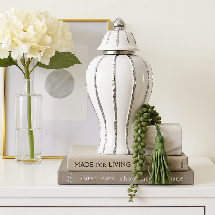 Ginger Jar MEDIUM with Lid in Silver and White Ceramic for Living Room or Kitchen Decoration