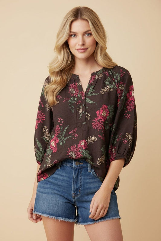 Graceful Moments Brown Floral V Neck Button Gathered Sleeve Top