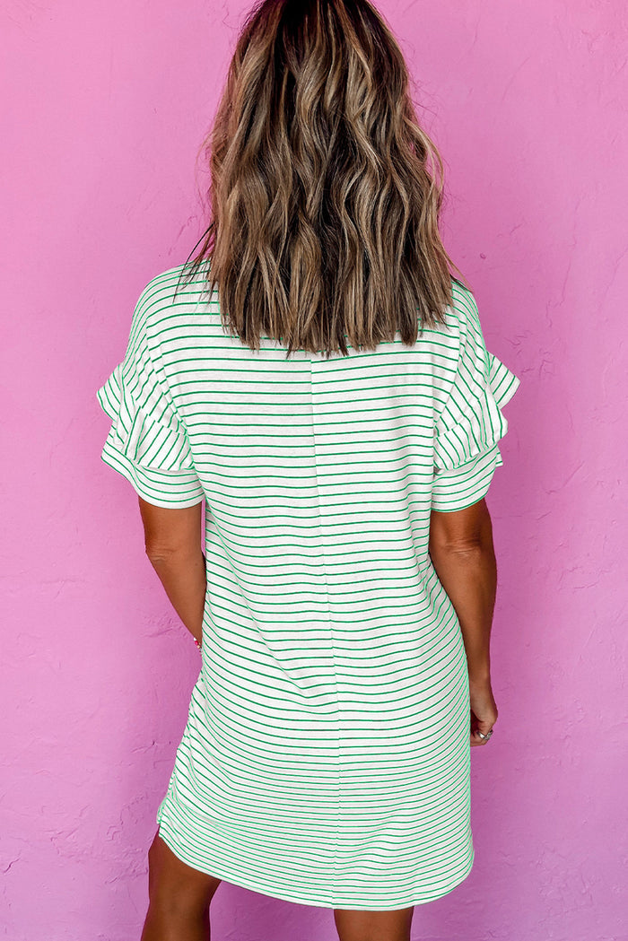 Green Stripe Ruffled Short Sleeve Crew Neck T Shirt Shift Mini Dress