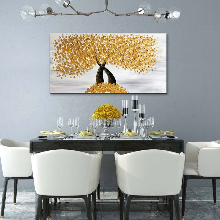 Handmade Oil Painting of Gold Flowers With Grey Background on Stretched Canvas