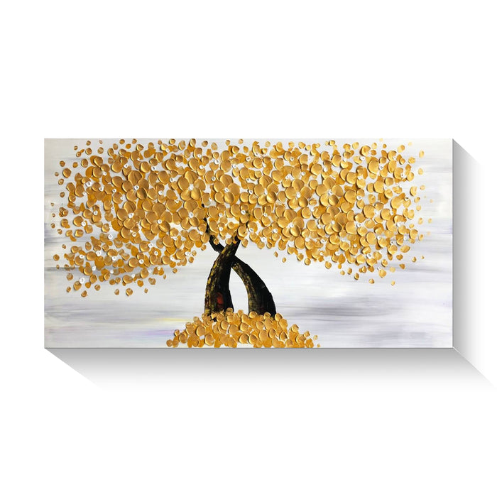 Handmade Oil Painting of Gold Flowers With Grey Background on Stretched Canvas