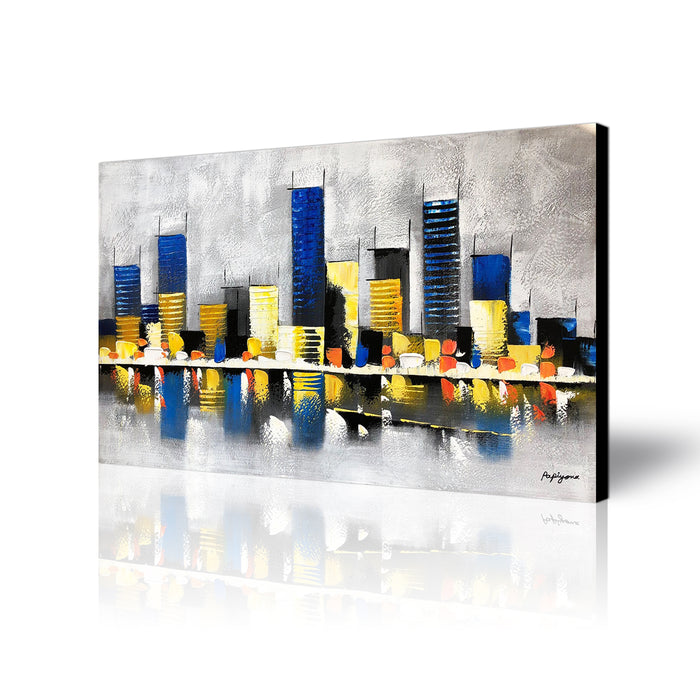 Huge Abstract Handmade Oil Painting of Building on Stretched Canvas in Colors