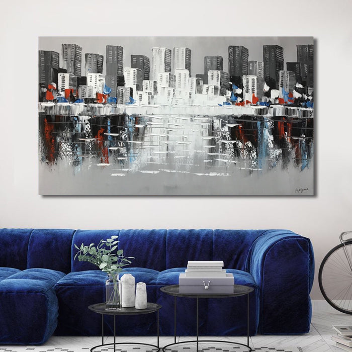 Huge Abstract Handmade Oil Painting of Buildings on Stretched Canvas in Colors