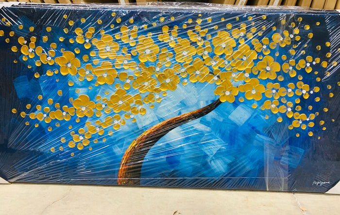 Huge Handmade Oil Painting of Golden Tree with Light Blue Background on Stretched Canvas