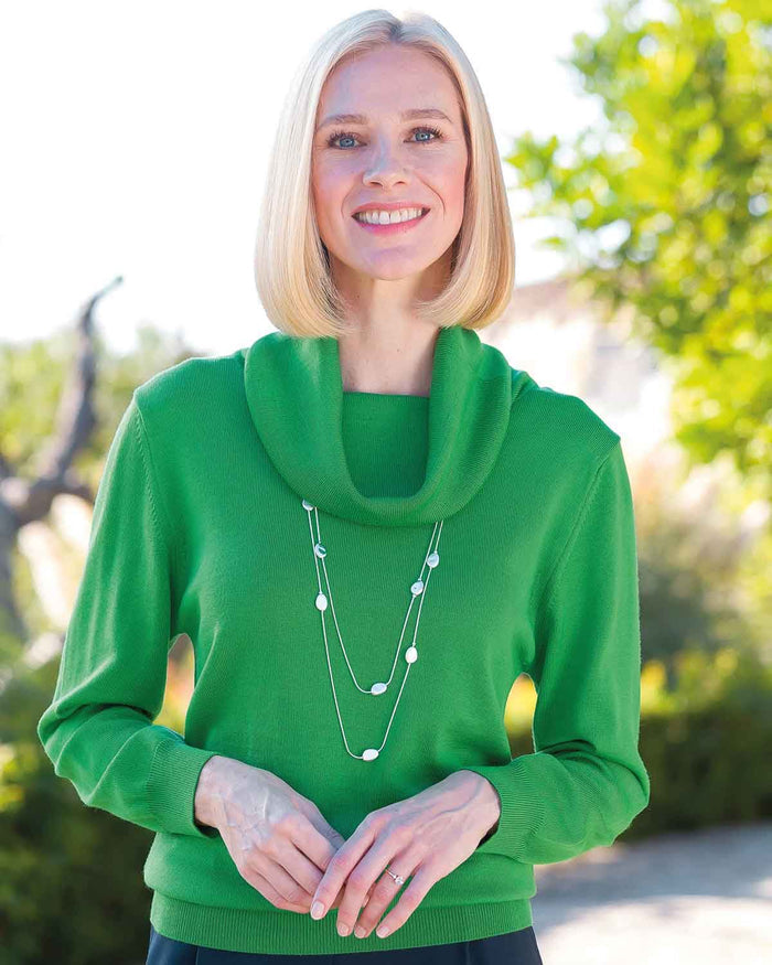 Merino Wool Cowl Neck Jumper - Watercress - Country Collection