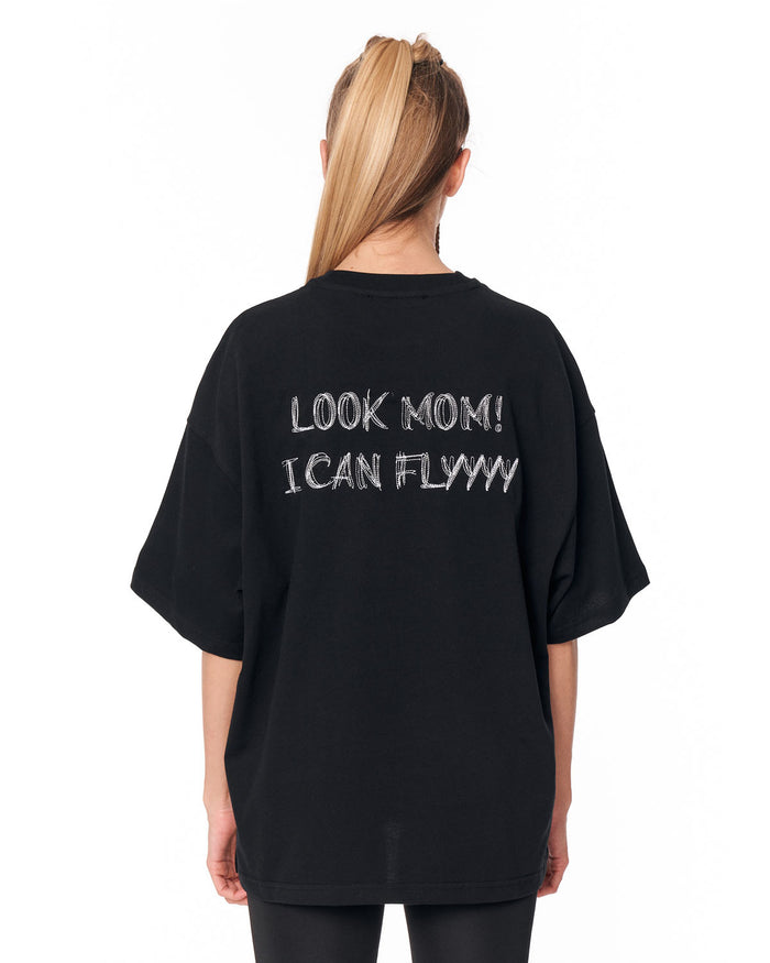 Look Mom Text Print Black Oversized T-Shirt with drop shoulder design