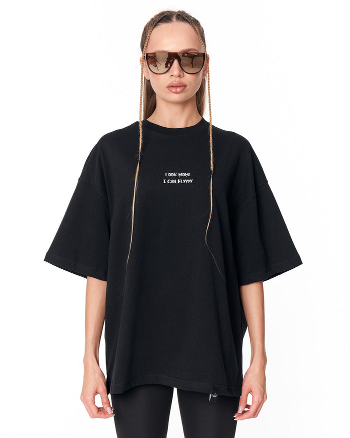 Look Mom Text Print Black Oversized T-Shirt with bold text graphic