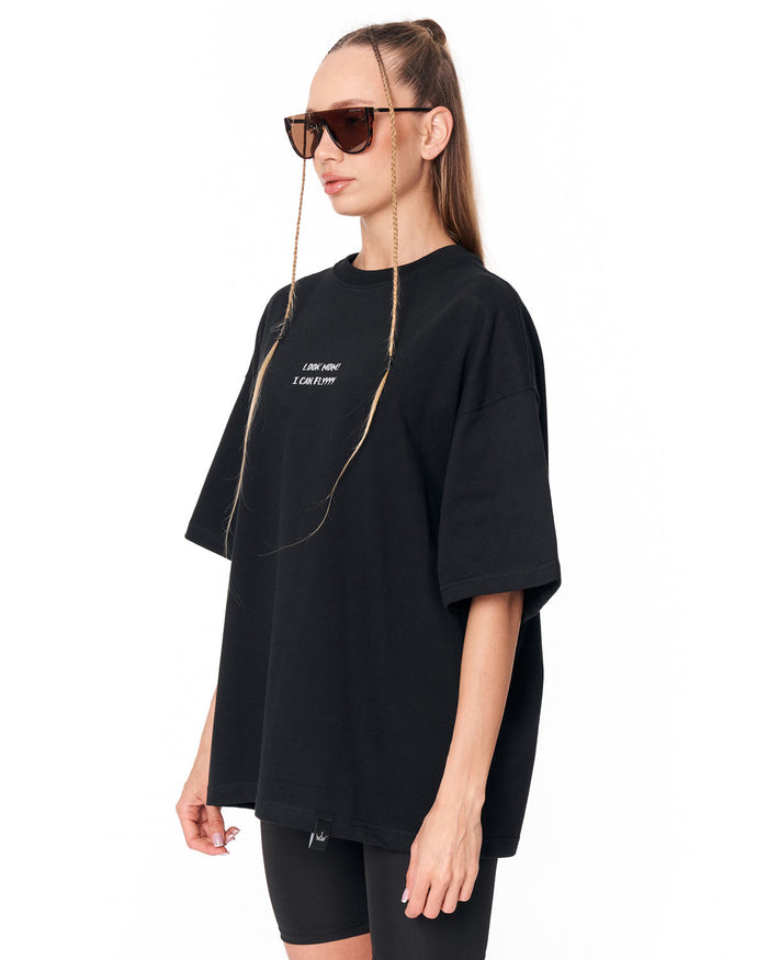 Look Mom Text Print Black Oversized T-Shirt in relaxed oversized fit