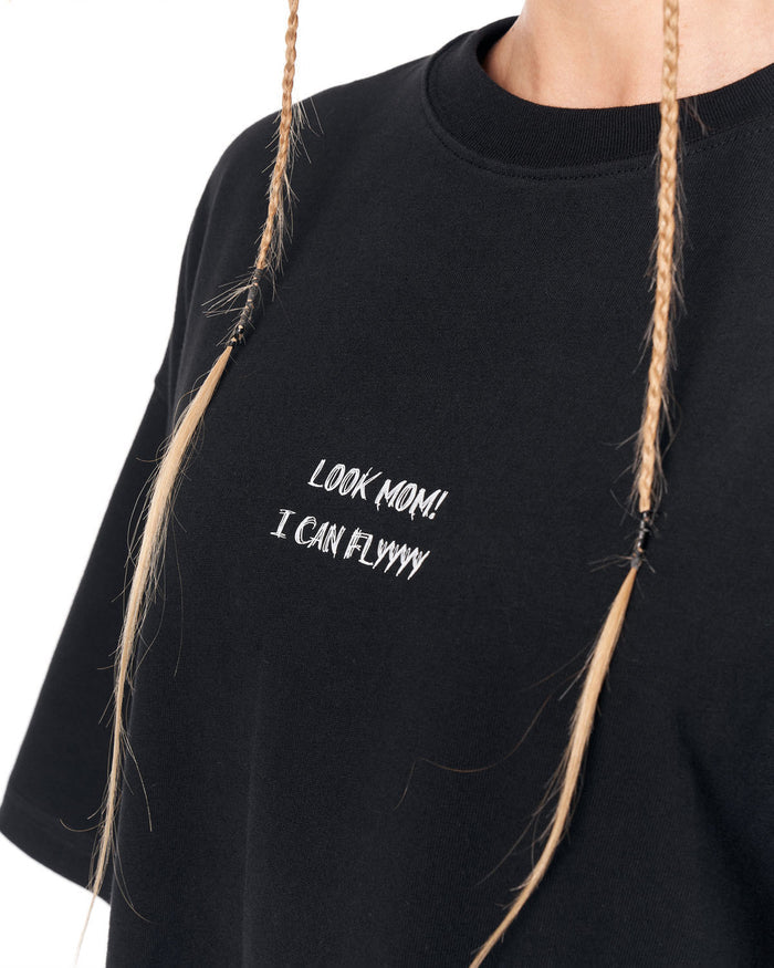 Look Mom Text Print Black Oversized T-Shirt with statement back print