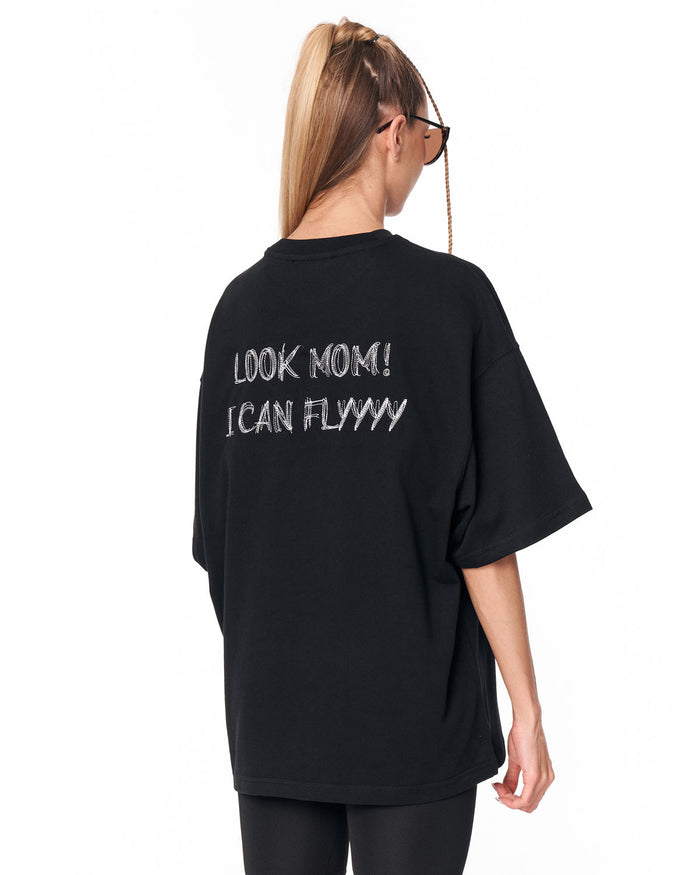 Look Mom Text Print Black Oversized T-Shirt in premium black cotton