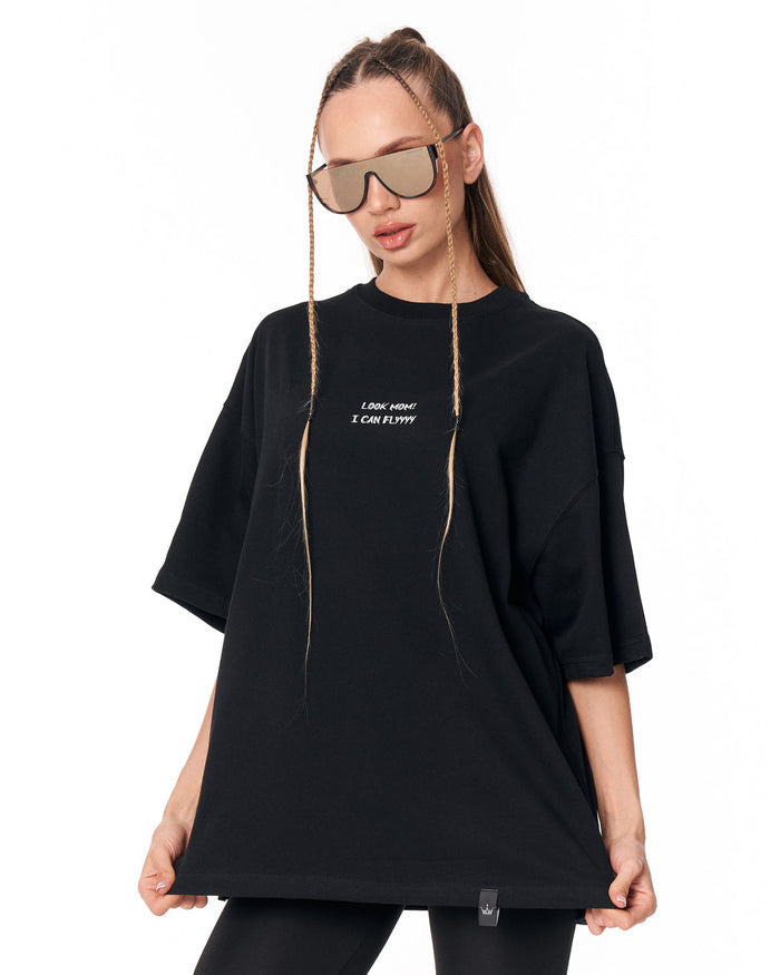 Look Mom Text Print Black Oversized T-Shirt for everyday streetwear styling