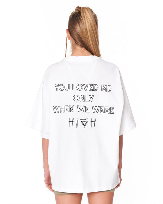 "Loved Me" Text Print White Oversized T-shirt with statement text detail