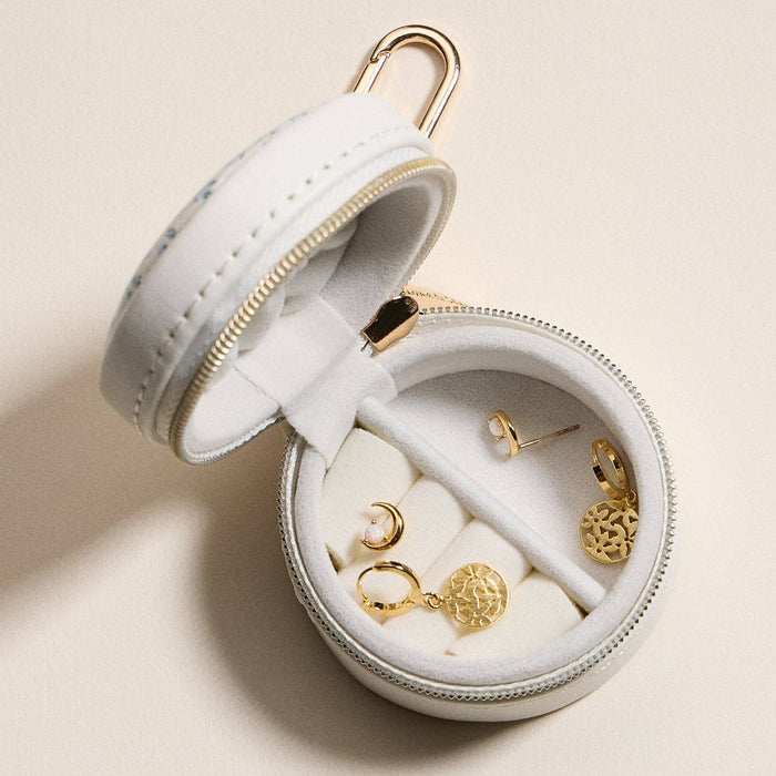 Mini Round Jewelry Travel Case with Keychain – White & Blue Floral Print