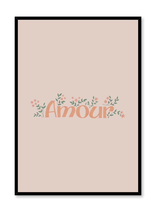 Modern minimalist botanical typography poster by Opposite Wall with Peachy Love amour in orange