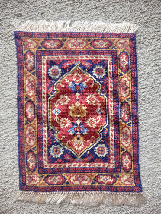 Petit Point Embellished Red & Navy Asian Rug - Ursula Sauerberg