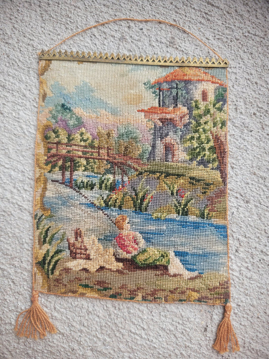 Petit Point Hanging Tapestry Victorian Riverside Scene - Ursula Sauerberg