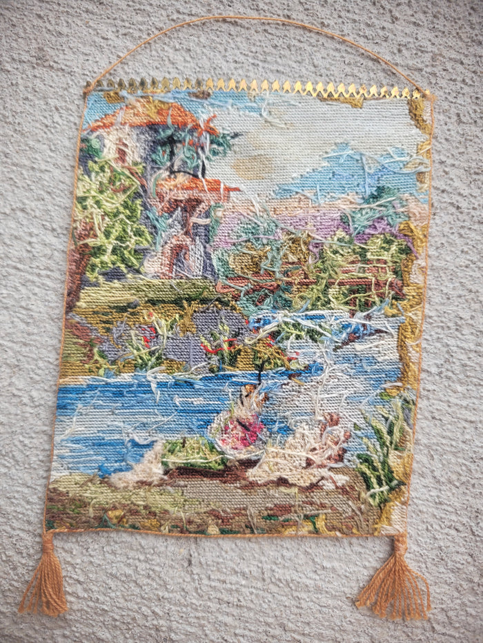 Petit Point Hanging Tapestry Victorian Riverside Scene - Ursula Sauerberg