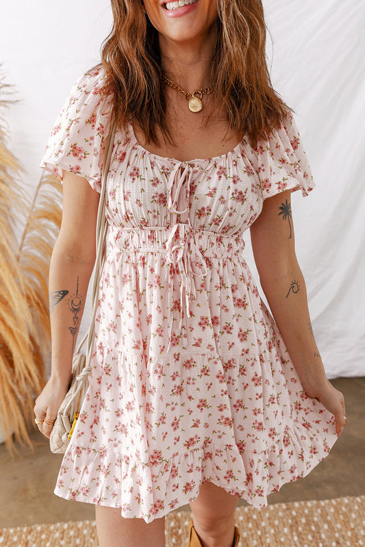 Pink Front Tie Shirred Waist Short Sleeve Ruffled Floral Mini Dress