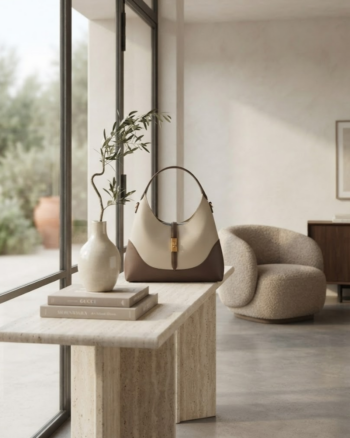 Two-tone hobo handbag with curved top handle and front zipper detail, standing upright