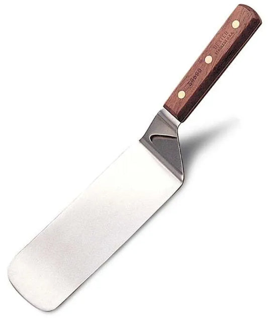 A stainless steel round turner spatula with a wooden handle and a 3" x 8" blade.